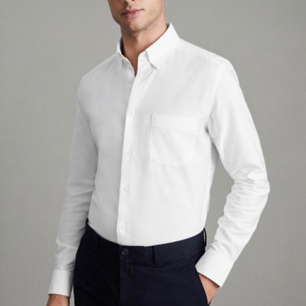 Reiss Greenwich Slim Fit Button Front White Cotton Oxford Shirt Size XL